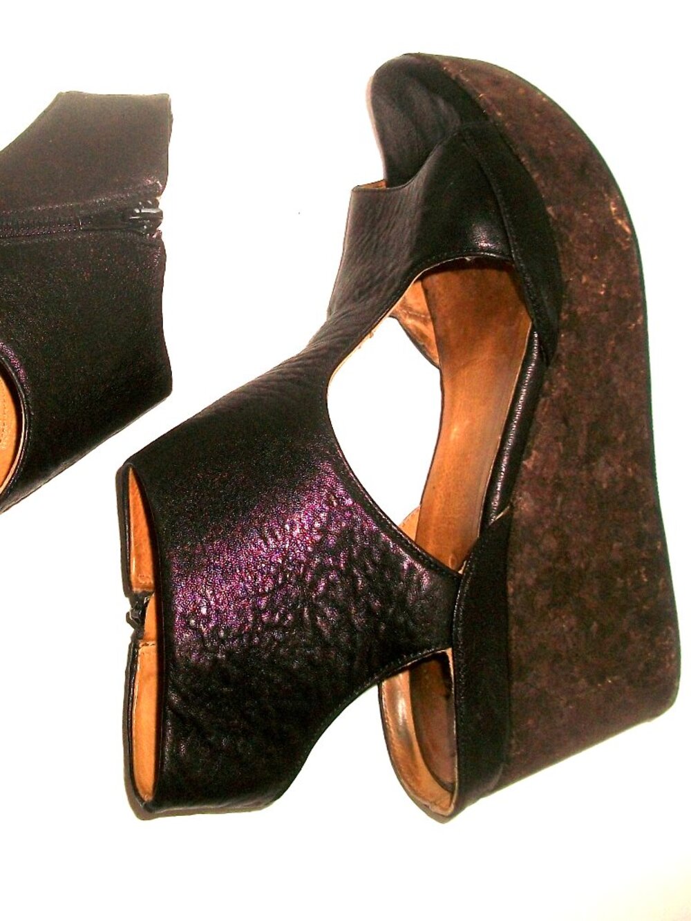Vintage Coclico Handmade Black Leather Sandals with Distressed Cork Wedge Bottom